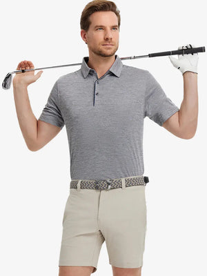 Model in Modern Fit Melange Polo GREY HEATHER, front half-body holding golf club with casual style.