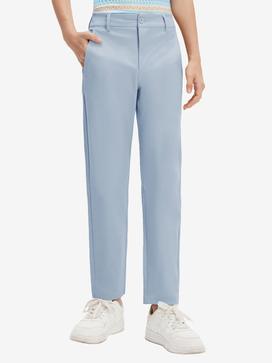 Front lower body shot of model wearing the sky blue youth water resistant cotton blend golf pants, showcasing a relaxed fit