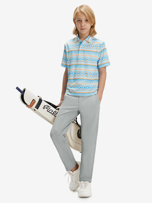 Full-body front view of model wearing the rose dust youth water resistant cotton blend golf pants for a complete look