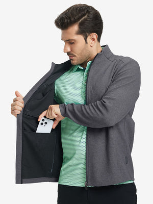 Model front half body lifting jacket, hand in inner pocket, textured insulated winter jacket, grey heather.