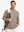 Full body shot, model carrying golf bag in textured insulated winter jacket, active outdoor style, light brown heather.