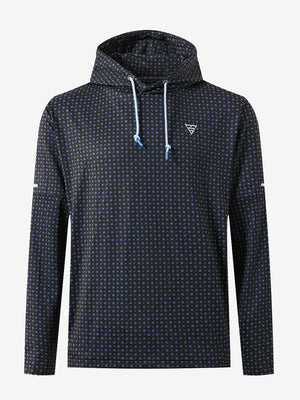 Front 3D view of trendy print fleece hoodies, clean silhouette in modern navy flowerlet design