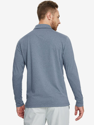 Back upper body of Skin-friendly long sleeve melange polo with smooth demin blue heather finish