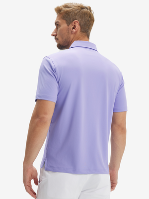 Back half-body view of a model wearing the lilac everyday classic solid polo, highlighting the tailored rear fit