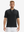 Front half-body view of model wearing black moisture-wicking short sleeve henley shirt