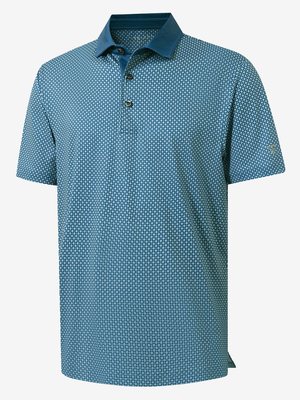 3D view of blue small flower lightweight stretch upgraded print golf polo shirts.