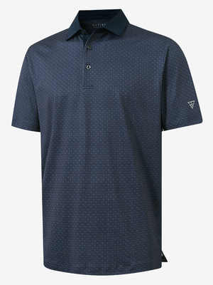 3D view of dark blue windmill lightweight stretch upgraded print golf polo shirts.