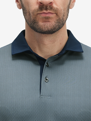 Close-up: nose to chest in gray geo lightweight stretch upgraded print golf polo shirts