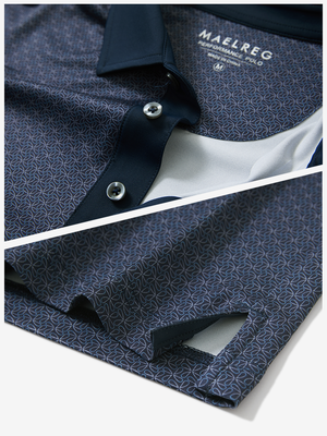 Detail: collar and hem slit of dark blue windmill lightweight stretch upgraded print golf polo shirts