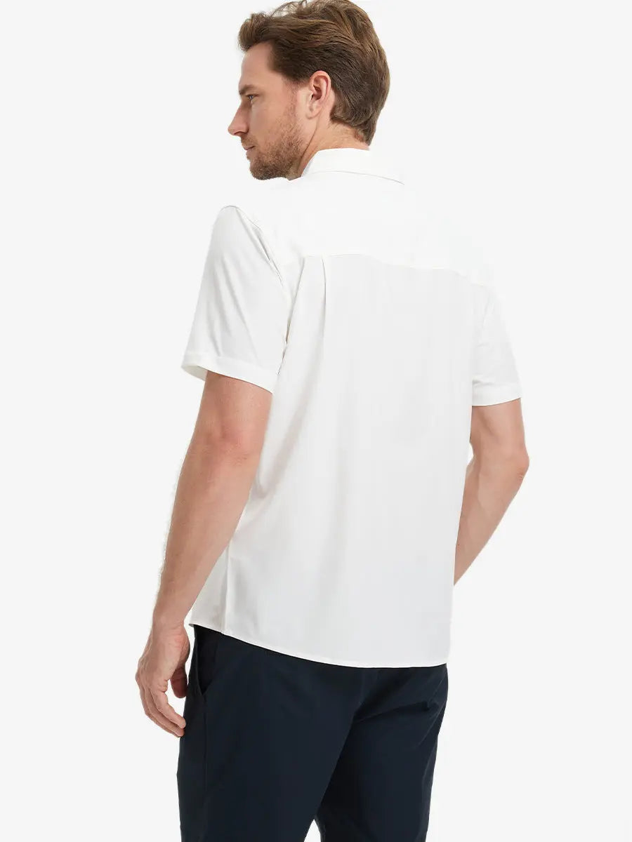 Half-body back view displaying the clean lines of the BEIGE polo.