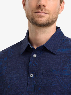 Front view from nose to chest wearing NAVY COMPASS MAP Stylish Printing Summer Shirt.