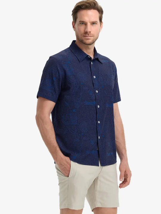 Front half-body view wearing NAVY COMPASS MAP Stylish Printing Summer Shirt.