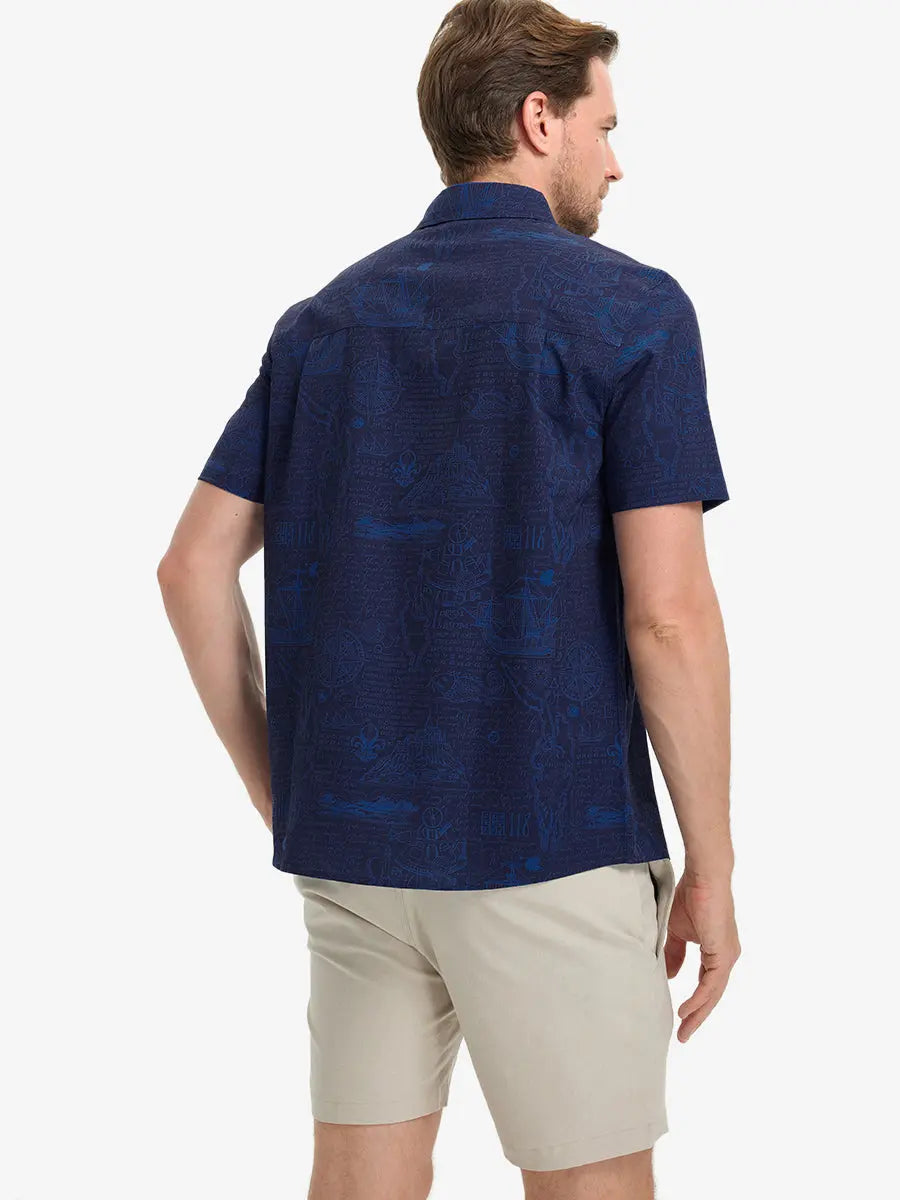 Back half-body view wearing NAVY COMPASS MAP Stylish Printing Summer Shirt.