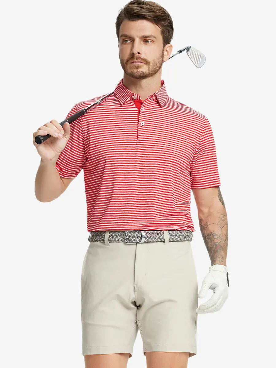 Front half-body shot of model holding golf club, wearing Sport Fit Stripe Polo in Red Stripe
