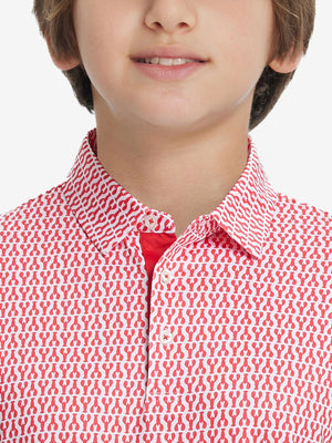 Collar close-up of Stylish print boys polo shirts with neat stitching in red lobster