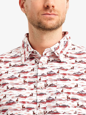 Front view from nose to chest wearing SUNSET ELK Stylish Printing Summer Shirt.