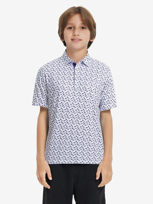 Front half-body shot of youth in white purple shark performance print boys golf polo, highlighting design and fit