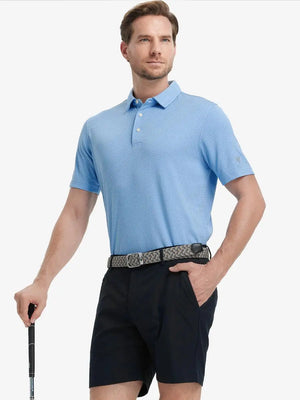 Full body front view of model wearing LIGHT BLUE Your Favorite Jacquard Polo, holding a golf club